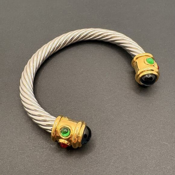 Vintage Monet Cuff Bracelet Gold & Silver Tone Multi Glass Cabs Modernist 6.25" - Picture 1 of 7